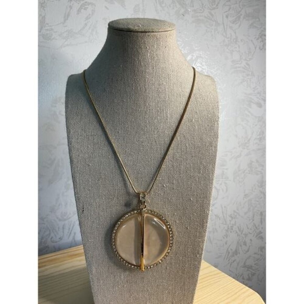 Mother Of Pearl & Gold Tone Pendant Necklace With Rhinestones